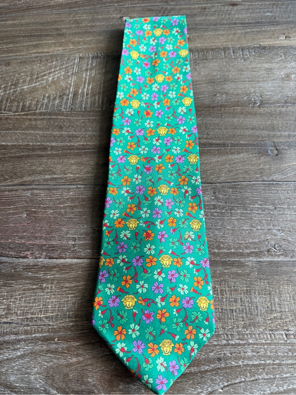 Vintage circa 90 Versace Green Floral Silk Tie with Orange, Yellow &Pink Accents